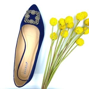 Navy Jewel Detail Faux Suede Flats